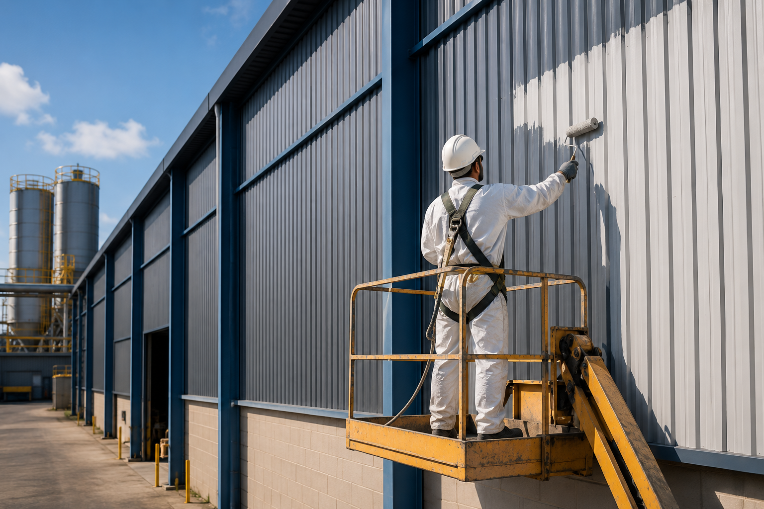 Worker painting industrial warehouse wall